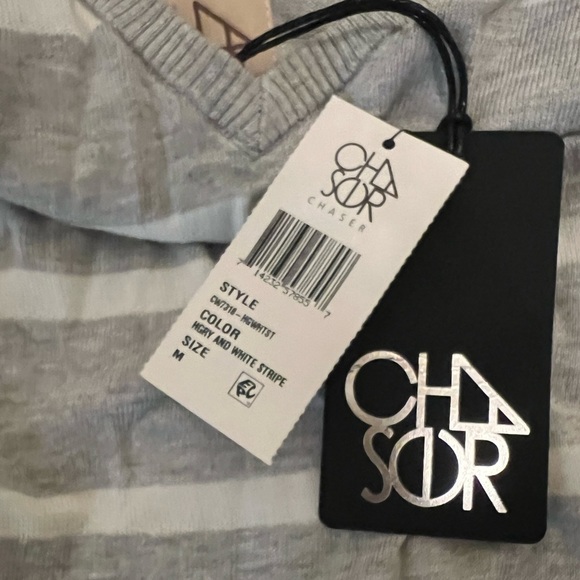 LCHASER- Heather Gray & white striped sweater Medium long bell sleeves NWT - Picture 3 of 6